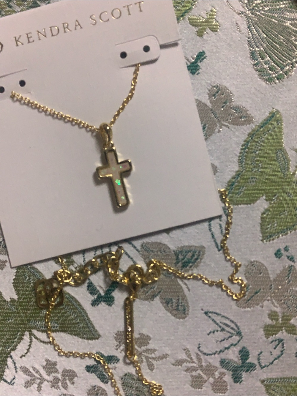 Kendra Scott Gold Cross Necklace with White Opal Inlay